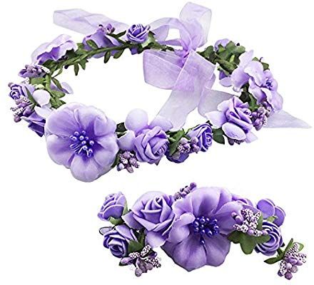 YLucky Women Girls Flower Crown/Wedding Hair Wreath Floral Headband Garland Halo Wrist Band Set Hair Accessories for Wedding FestivalPhotography Vocation Purple Wedding Wreath Hair, Flower Crown Wedding Hair, Wedding Hair Flower Crown, Bridal Head Pieces, Ring Bearer And Flower Girl, Garden Brunch, Crown Wedding Hair, Women Headbands, Wedding Gifts Ideas