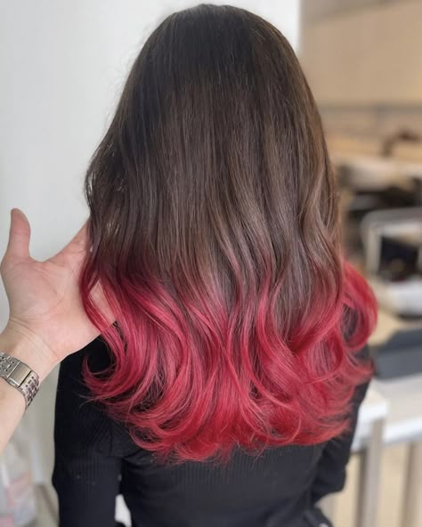 Red Underdye Hair On Brown Hair, Red Ombre Short Hair, Red Ends Hair, Brown Hair Red Tips, Underdye Hair, Bff Bucket List, Short Ombre Hair, Colour Ideas, Red Ombre