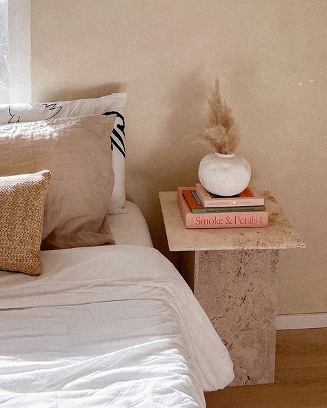 Travertine Nightstand, Side Tables Bedroom Diy, Diy Travertine, Travertine Side Table, Bedroom Makeover Diy, Guest Bedroom Makeover, Floor And Decor, Side Tables Bedroom, Diy Tile