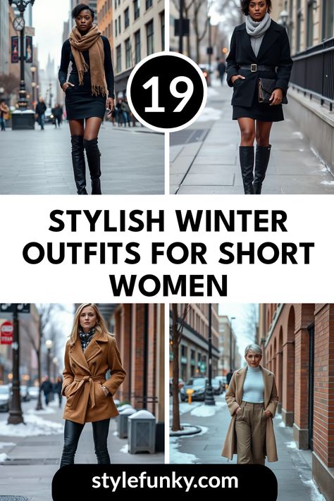 Explore 19 stylish winter outfits designed for short women. Featuring fitted turtlenecks, belted shackets, and cozy layered looks using 4 engaging images.