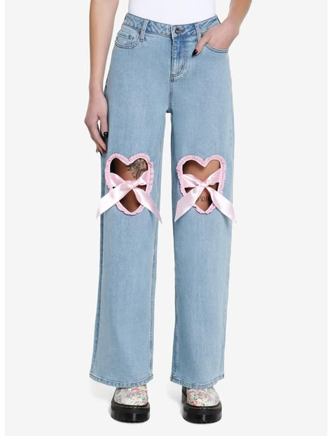 Pink Ruffle Heart Wide Leg Denim Pants | Hot Topic Pink Accent Outfit, Grommet Clothing, Upcycling Pants, Bow Pants, Wide Leg Denim Pants, Heart On Your Sleeve, Blue Denim Pants, Tall Hoodies, Pink Ruffle