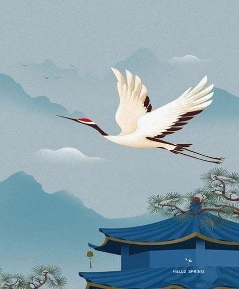 Flying Cranes Painting, Japanese Bird Illustration, Flying Crane Tattoo, Crane Illustration, Crane Wallpaper, Crane Drawing, Japanese Cranes, Japanese Crane, Japanese Drawings