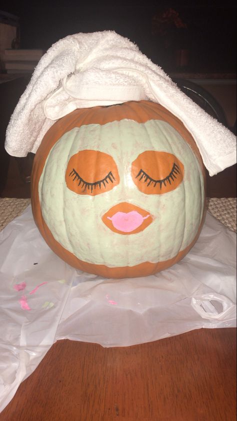 Pumpkin painting, pumpkin carving, diy, fall Halloween, spa girl, crafts, spooky Spa Day Pumpkin Painting, Face Mask Pumpkin Painting, Funny Pumkin Paintings, Easy Pumpkins To Paint, Spa Pumpkin Painting, Painting Pumpkins Ideas Diy Girly, Pumping Painting Ideas, Easy Pumpkin Painting Ideas Simple, Spa Pumpkin