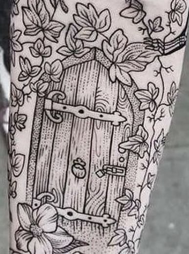 Garden Door Tattoo, Simple Black Tattoos, Pony Reinhardt, Door Tattoo, Lotr Tattoo, Woodcut Tattoo, Garden Tattoos, Arm Tats, Garden Tattoo