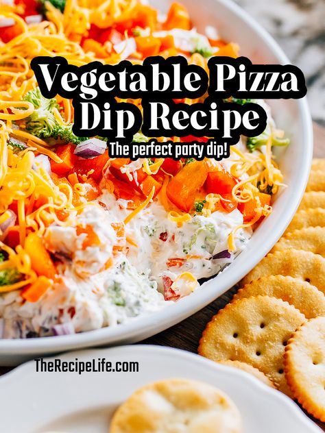 The perfect party dip! This veggie pizza dip is refreshing and fun with crisp vegetables in a Ranch sauce ready for dipping. Yum! Veggie Pizza Dip Recipe, Veggie Dips Recipes, Vegetable Dips Recipes Easy, Veggie Pizza Dip, Vegetarian Dips And Appetizers, Vegetarian Dips, Veggie Pizza Appetizer, Healthy Veggie Dip, Vegetable Dip Recipe