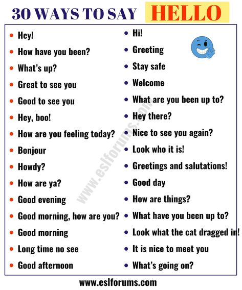 30 Different Ways to Say HELLO! | HELLO Synonyms - ESL Forums Hello Synonyms, Different Ways To Say Hello, Improve English Writing, Comma Rules, How To Say Hello, Ways To Say Hello, Other Ways To Say, Basic English, Ielts Writing