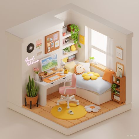 3d Bedroom, 3d Isometric, Isometric Design, 3d Video, Miniature Rooms, Tiny Spaces, Tiny Bedroom, Cute House, Decoration Inspiration