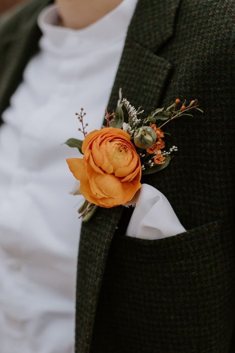 Green Suit Boutonniere, Autumn Boutonniere, Burnt Orange Boutonniere, Terracotta Boutonniere, Rust And Green Boutonniere, Fall Wedding Boutonniere, Burnt Orange Wedding Boutonniere, Fall Boutineer Ideas, Autumn Wedding Boutonniere