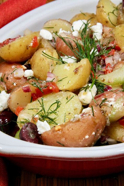 Greek Potato Salad Mayo Potato Salad, Greek Potato Salad, German Potato Salad Recipe, Warm Potato Salads, Greek Potatoes, German Potato, German Potato Salad, Potato Salad Recipe, Potatoe Salad Recipe