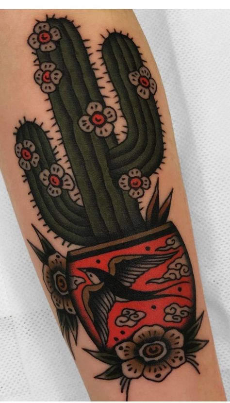 Traditional Tattoos Cactus, Prickly Pear Cactus Tattoo, Traditional Cactus Tattoo, Traditional Cactus, Traditional Tattoo Halloween, Traditional Tattoo Inspiration, Traditional Tattoo Flowers, Floral Thigh Tattoos, Traditional Tattoo Designs