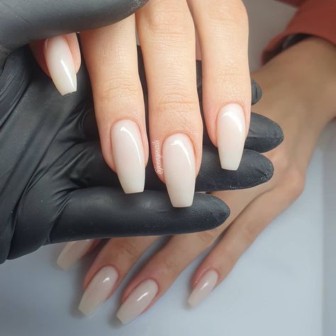 Brown Milky Nails, Ballerina Milky White Nails, Ballerina Nails Vs Coffin, White Nails Acrylic Ballerina, Milky Ballerina Nails, Milky Beige Nails, Milky Brown Nails, White Ballerina Nails, Ballerina Nails Short