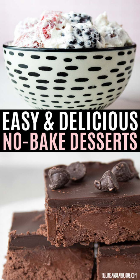 Craving something sweet but not interested in turning on the oven? Check out these easy no-bake desserts! I'm sharing my favorite recipes including no-bake cheesecake, no-bake peanut butter desserts, and no-bake chocolate desserts. 3 Ingredient Recipes Dessert No Bake, Easy Baking Recipes No Butter, No Bake Chocolate Desserts Easy, Easy Dessert Recipes No Butter, No Bake Dessert Recipes Easy, Desserts With No Butter, Quick And Easy Dessert Recipes No Bake, Quick Easy Desserts For A Crowd, Desserts No Butter