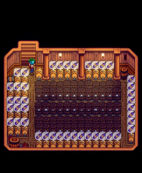 stardew valley cask and keg organization and layout slay hot Sdv Storage Shed, Stardew Valley Cask Layout, Basement Stardew Valley, Stardew Valley Library Room, Stardew Organization, Keg Stardew Valley, Stardew Valley Storage Ideas, Stardew Crop Set Up, Bat Cave Stardew Valley