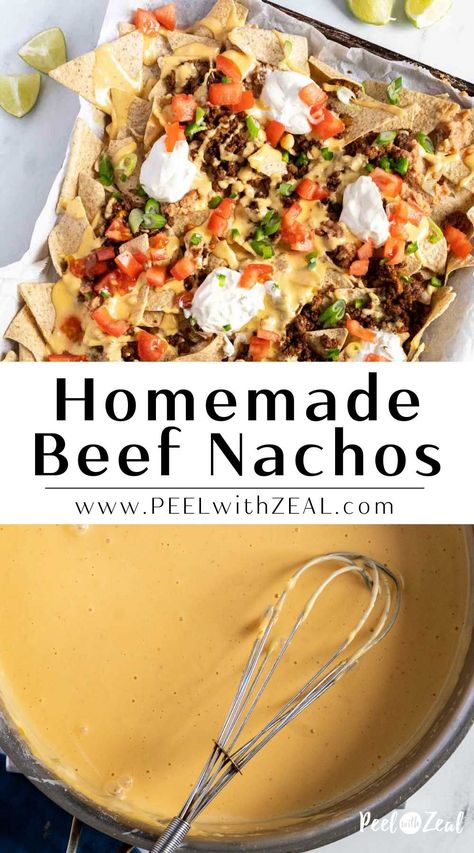 Nacho Sauce Recipe, Beef Nachos Supreme, Taco Bell Copycat Recipes, Easy Beef Nachos, Sheet Pan Beef, Nachos Supreme Recipe, Homemade Nacho Cheese, Ground Beef Nachos, Loaded Nachos Recipe