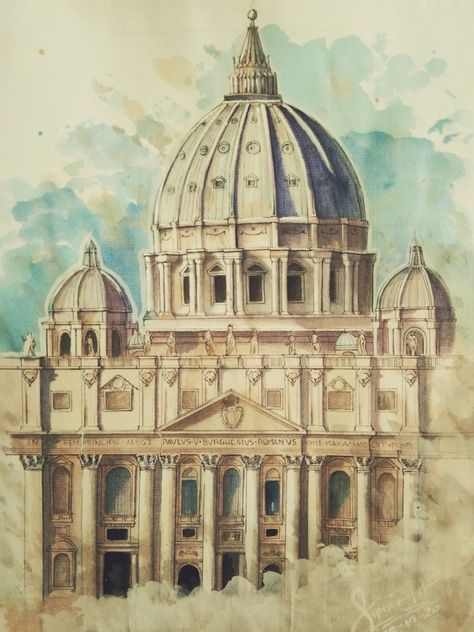 Baroque Art Sketch, Rome Architecture Drawing, Baroque Architecture Drawing, Rome Clothes, Saint Peter Basilica, Vatican Art, St Peters Cathedral, Rome Architecture, Color Theory Art