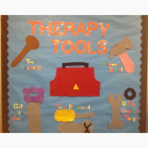 An OT bulletin board idea only with school therapy tools such as cool pencils, pencil grips, adaptive paper, different types of scissors, slant board, etc. Aba Therapy Bulletin Board, Therapy Bulletin Board, Music Room Bulletin Boards, Speech Bulletin Boards, Music Classroom Bulletin Boards, Cardiac Rehab, Occupational Therapy Schools, Teaching Kids To Write, Bulletin Board Tree