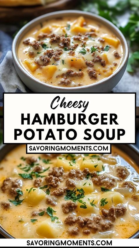 This rich and creamy soup combines hearty ground beef, tender potatoes, and melted cheese for a bowl of pure warmth and flavor. Perfect for cozy nights or feeding a crowd, it’s the ultimate comfort food. Hungry? Click for the full recipe #cheesysoup #comfortfood #hamburgerpotatosoup #easyrecipes #cozysoups #homemadesoup #cheesyrecipes #fallrecipes #quickdinner #familydinnerideas #souplovers Cheesy Potato And Hamburger Soup, Cheesy Potato Hamburger Soup, Easy Dinner Recipes For Cold Weather, Lazy Soup Recipes, Ground Beef Potato Soup, Cold Day Dinner, Beef Potato Soup, Creamy Hamburger Potato Soup, Potato And Hamburger Soup