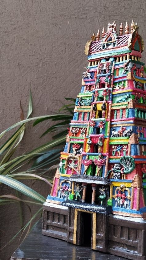 thekraftco_insta on Instagram: Meenakshi Temple Gopuram Made from Cardboard Full Tutorial Video Link in Bio Temple Gopuram, Meenakshi Temple, Temple Indian, Rig Veda, Ceramic Plates Art, Ganesh Decoration, Pooja Decor, Oil Pastel Paintings, Pastel Paintings