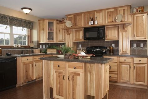 unfinished hickory wood cabinets dark gray stone countertop shaker style cabinet doors Hickory Cabinets Kitchen, Dapur Rustic, Hickory Kitchen Cabinets, Hickory Kitchen, Rustic Farmhouse Kitchen Cabinets, Model Dapur, Hickory Cabinets, Rustic Kitchen Cabinets, Kabinet Dapur