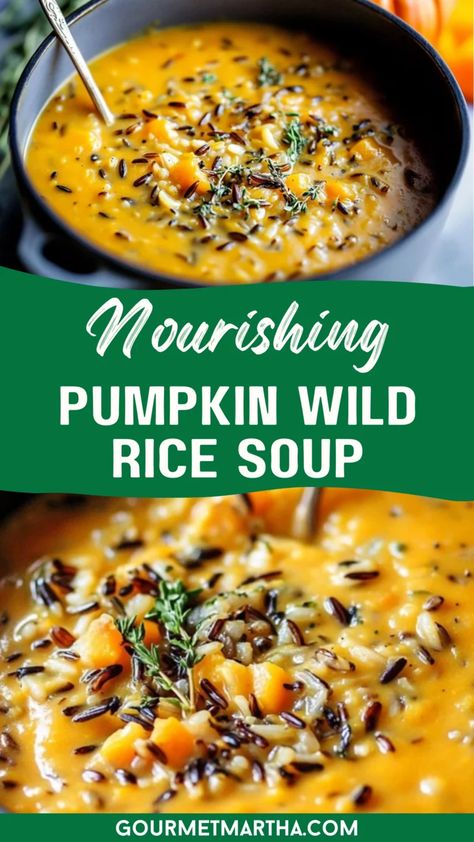 Nourishing Pumpkin Wild Rice Soup: A warm, creamy, and comforting vegan soup that's packed with the earthy goodness of pumpkin, hearty wild rice, and aromatic spices. Perfect for cozy nights, this recipe is both delicious and nourishing, ideal for chilly days or meal prepping for the week. Try this delicious recipe, perfect for any occasion #VeganSoup #PumpkinSoup #WildRice #HealthyRecipes #PlantBased #FallRecipes #CozyMeals #DairyFree #SoupSeason #ComfortFood Rice Soup Vegetarian, Rice Soup Vegan, Vegan Pumpkin Soup Recipe, Pumpkin Curry Soup, Pumpkin Stew, Wild Rice Soup Recipes, Vegan Pumpkin Soup, Dairy Free Soup, Pumpkin Soup Recipe