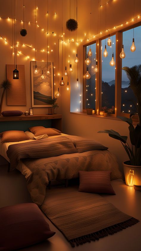 Chic and Cozy: Bedroom Lighting Trends House Indoor Design, Yellow Christmas Lights, Cozy Bedroom Lighting, Deck Furniture Layout, Wall Decor Trends, Dream Flat, Wall Decora, Lights Decorations, Indoor Lights