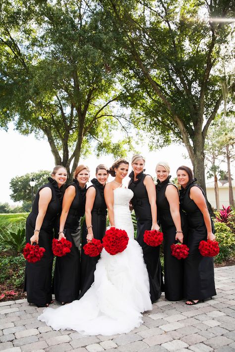 Black Bridesmaid Dresses Red Bouquet, Black Bridesmaid Dresses With Red Roses, Black And Red Wedding Party, White Black Red Wedding, Black And White Wedding With Red Roses, Black White And Red Wedding Theme, Black And Red Bridesmaid Dresses, Red And Black Bridesmaid Dresses, Black And Red Wedding Theme