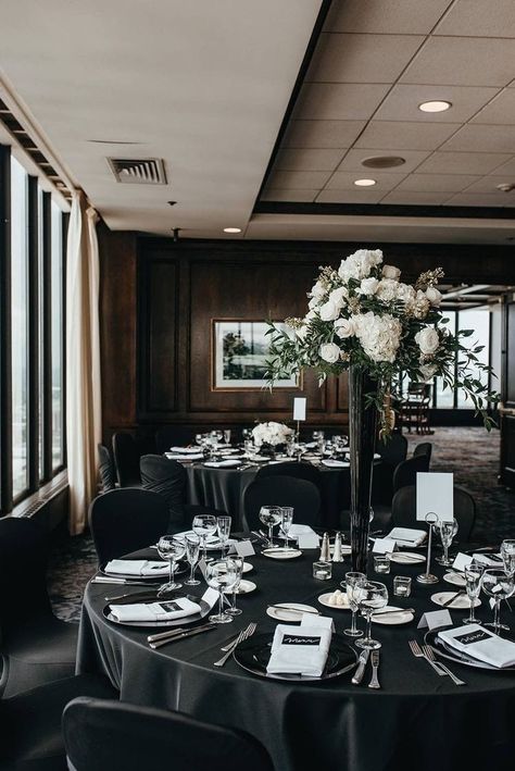 Black Wedding Chair Covers, Cocktail Tables With Black Linen, Black Chair Covers Wedding, Black Linen Wedding Table, Wedding Black Tablecloth, Black Linen Wedding, Dark Wedding Theme Black, Black Wedding Arch, Black Aesthetic Wedding