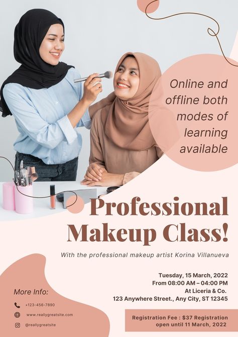 Peach Pink Elegant professional Make Up Class Promotion Flyer Poster - Templates by Canva Makeup Class Flyer Design, Makeup Class Poster Design, Makeup Poster Design Graphics, Class Poster Design, Makeup Poster, Promotion Flyer, Class Poster, Custom Flyers, Work Images