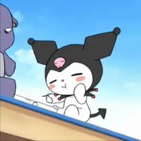 sanrio aesthetic sanriocore hello kitty kuromi keroppi happy kuromi smiling blushing eating on a date Kuromi Gif, Cartoon Characters, A Girl, Gif, Hair, Black