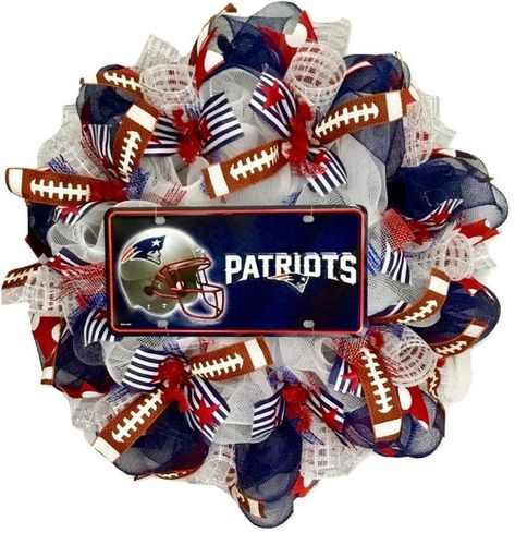 Beautiful, large, premium deco mesh New England Patriots football sports wreath. A large, metal license plate sign with the wording “Patriots rests on a bed of pure white deco mesh. The sign is decorated with the New England Patriots helmet. The center wreath is decorated with navy Broncos Wreath, Football Team Wreaths, Decorative Mesh Wreaths, Sports Wreath, Fourth Of July Crafts For Kids, Navy Blue Decor, License Plate Sign, Sports Wreaths, New England Patriots Football