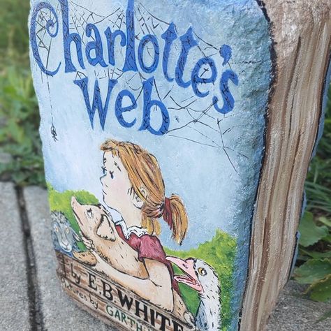 Acrylic Book cover painting on Brick Brick Book, Charlotte's Web Book, Brick Books, Painted Bricks, Paint Rocks, Charlotte's Web, My Library, Free Library, Paint Rock