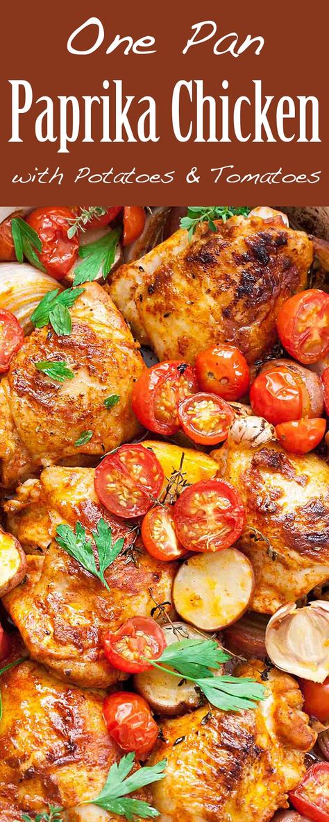 Chicken Thigh Tomato Recipe, Chicken With Cherry Tomatoes Recipe, Chicken And Potatoes Dinner, Potato Tomato Recipe, Potatoes And Tomatoes, Chicken With Potatoes, Cherry Tomato Recipes, Paprika Sauce, Sheet Pan Dinners Chicken