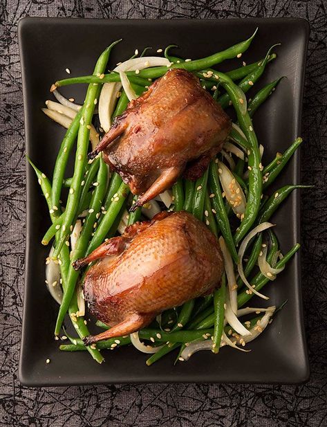 Teriyaki doves, served with a Japanese-style green bean salad. Recipe from Hunter Angler Gardener Cook. Partridge Recipes, French Sausage, Dove Recipes, Fig Bread, Quail Recipes, Bird Recipes, Teriyaki Recipe, Green Bean Salads, Cornish Hens