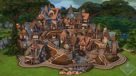 Sims 4 Medieval Lots, Sims 4 Village Lot, Medieval Fantasy Village, Lotes The Sims 4, Sims Medieval, Sims Inspiration, Fantasy Village, Die Sims 4, Sims 4 House Plans