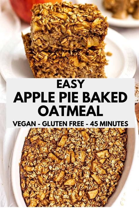 Apple pie baked oatmeal is so easy to make and the best healthy breakfast or snack. This vegan baked oatmeal recipe is gluten free, dairy free and so flavorful. Great for meal prep too! Overnight Baked Oatmeal, Apple Pie Baked Oatmeal, Healthy Apple Pie Oatmeal, Apple Baked Oatmeal, Gluten Free Apple Recipes, Best Healthy Breakfast, Apple Breakfast Recipes, Vegan Baked Oatmeal, Baked Apple Oatmeal