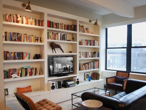 Built In Tv Wall Unit, Shelving Units Living Room, Shelf Units, Open Shelving Units, Bookshelves In Living Room, Flat Screen Tv, Decor Ikea, Bookcase Wall, Wall Bookshelves