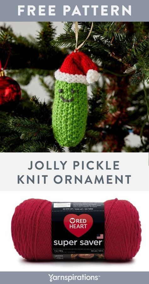 Free knit pattern using Red Heart Super Saver yarn. Free Jolly Pickle Ornament pattern. Whether you follow German tradition or just love pickles, you'll enjoy knitting this happy face ornament to have each Christmas season. #yarnspirations #freeknitpattern #knitpickle #knitdecoration #knitornament #christmaspickle #xmaspickle #christmasornament #xmasornament #treedecoration #redheartyarns #redheartyarn #supersaver Knit Ornaments, Crochet Pickle, Christmas Pickle Ornament, Christmas Knits, Knit Christmas Ornaments, Pickle Ornament, Christmas Knitting Patterns Free, Red Heart Super Saver Yarn, Crochet Christmas Ornaments Free