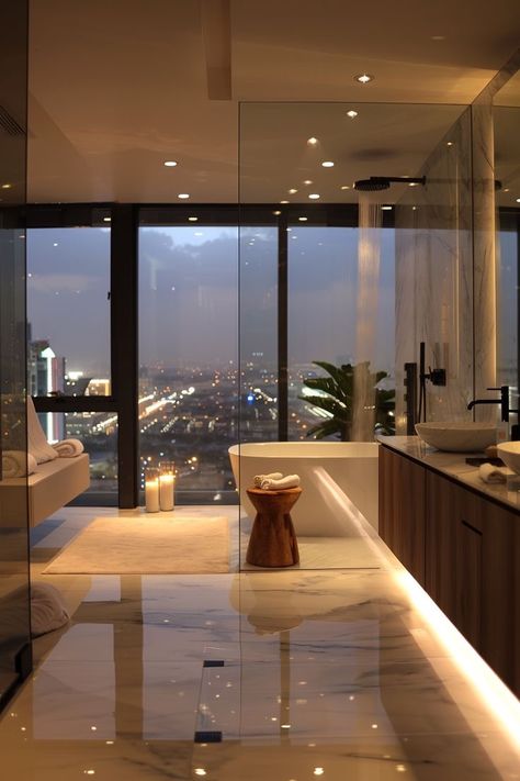 Bathroom With View Window, Bathtub By The Window, Bathroom City View, City Apartment Bathroom, Luxury Apartment Bathroom, Luxury City Apartment, Nyc Apartment Bathroom, City Bathroom, Nyc Bathroom