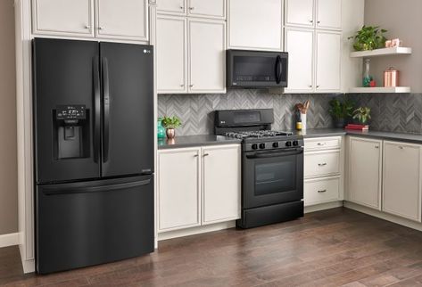 Why You'll Love LG Matte Black Kitchen Appliances Matte Black Kitchen Appliances, Black Kitchen Appliances, White Cabinets Black Appliances, Lg Kitchen Appliances, Housing Decor, Black Stainless Steel Appliances, Black Appliances Kitchen, Cabin Decorating, Model Dapur