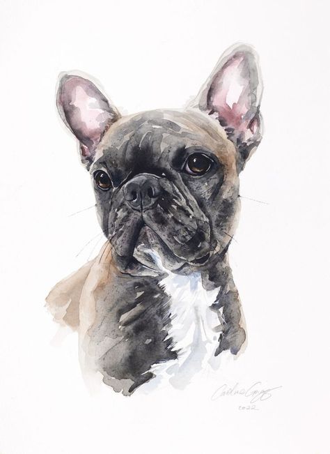 French Bulldog Drawing, French Bulldog Painting, Dog Design Art, French Bulldog Art, Dog Sketch, Pet Art, Watercolor Flower Art, Watercolor Painting Techniques, Watercolor Cat