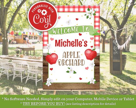 Editable Apple Theme 1st First Birthday Fall Autumn Apple Orchard Apple of Our Eye Welcome Printable Party Sign INSTANT DOWNLOAD by BDPDesigns on Etsy Welcome Printable, Birthday Party Cups, Birthday Yard Signs, Apple Stickers, Edible Cupcake Toppers, Birthday Plate, Birthday Napkins, Apple Theme, Photo Thank You Cards