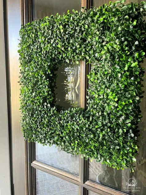 Diy Square Wreath, Boxwood Wreaths For Front Door, Diy Boxwood Wreath, Boxwood Wreath Ideas, Square Wreaths For Front Door, Boxwood Wreaths On Double Doors, How To Make Boxwood Wreath, Square Wreath Ideas Diy, Boxwood Wreath And Ribbon