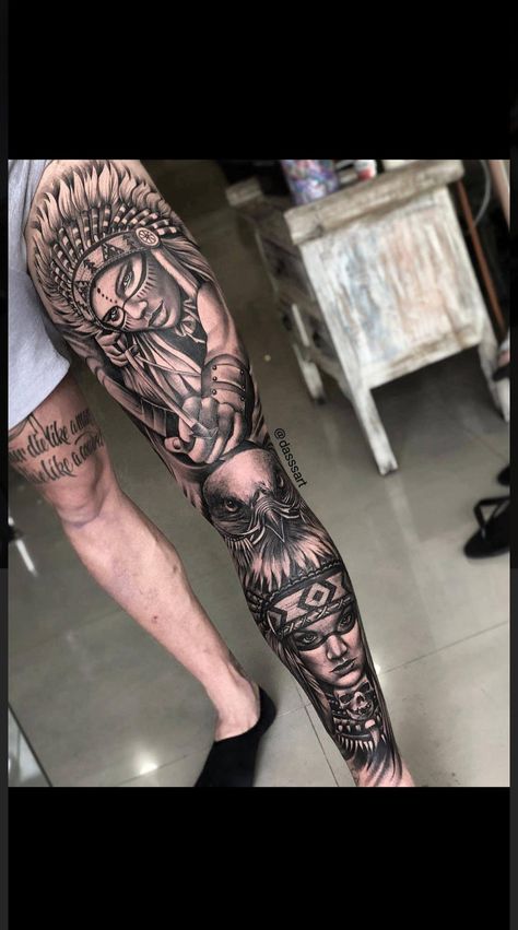 Skeleton Leg Sleeve Tattoo, Leg Band Tattoos, Tatuaje Trash Polka, Best Leg Tattoos, Native American Tattoo, Full Leg Tattoos, Native American Tattoos, Native Tattoos, Cool Arm Tattoos