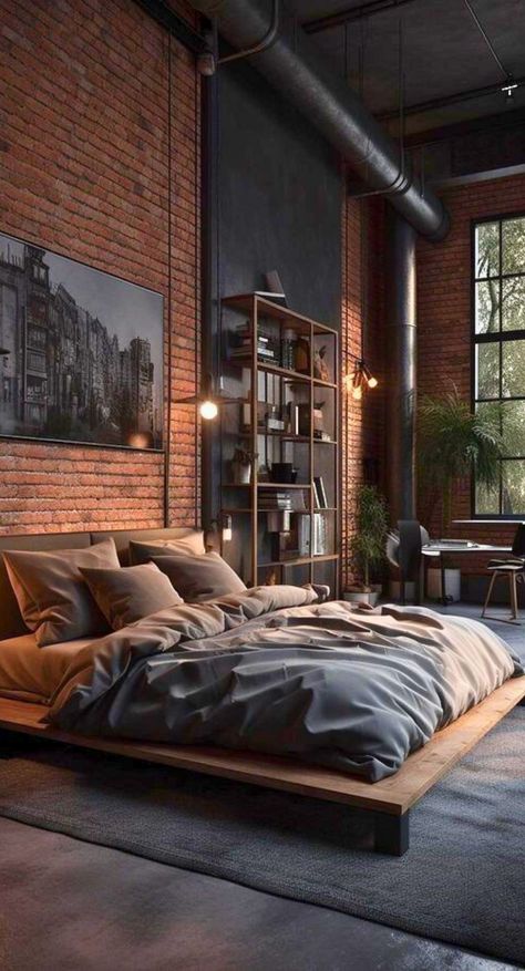 Industrial Bedroom Design, Industrial Style Bedroom, Industrial Loft Design, Industrial Bedroom, Stil Industrial, Loft Interiors, Industrial Interior Design, Brick Walls, Hus Inspiration