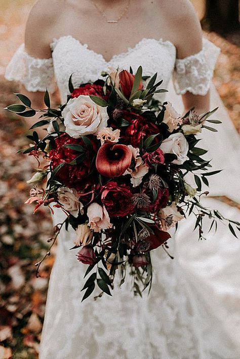 36 Fall Wedding Bouquets For Autumn Brides | Wedding Forward Rustic Fall Wedding Colors, Red Bridal Bouquet, Bridal Wedding Flowers, Off The Shoulder Wedding Dress, Shoulder Wedding Dress, Expo 2020, Fall Wedding Bouquets, Fall Wedding Flowers, Classy Wedding