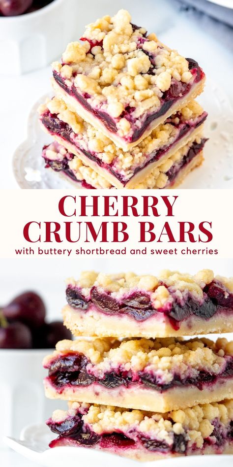 These cherry crumb bars have a buttery shortbread base, a thick layer of sweet cherries and a crumb topping. Perfect served cold from the fridge or with a scoop of ice cream #cherry #crumbbars #cheries #freshcherries #summer from Just So Tasty https://www.justsotasty.com/cherry-crumb-bars/ Baking With Fresh Cherries, Cherry Cake Bars, Cherry Crumb Bars, Frozen Sweet Cherry Recipes, Cherry Jubilee Dessert Recipes, Cherry Shortbread Bars, Frozen Dark Sweet Cherry Recipes, Dried Sweet Cherries Recipe, Baking With Cherries