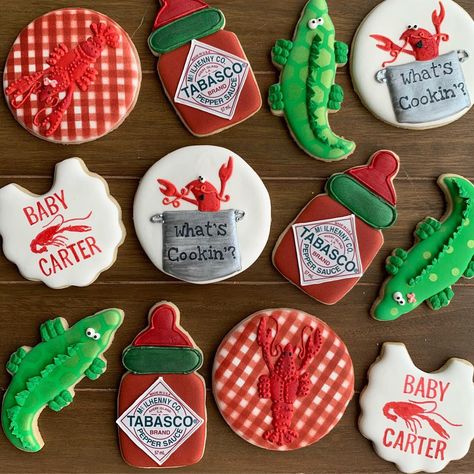 Crawfish Shower Ideas, Cajun Gender Reveal, Crawfish Gender Reveal Ideas, Louisiana Cookies Decorated, Seafood Boil Baby Shower Ideas, Crawfish Party Decorations, Crawfish Cookies Decorated, Shrimp Boil Baby Shower Ideas, Crawfish Boil 1st Birthday Party