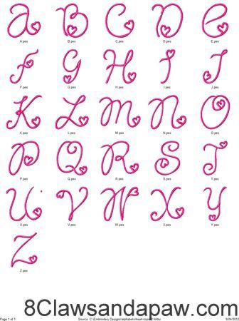 Heart Fonts Alphabet, Girly Fonts Alphabet Cute, Girly Fonts Alphabet, Heart Font Alphabet, D In Cursive, Heart Cursive, Heart Handwriting, Heart Fonts, Heart Lettering