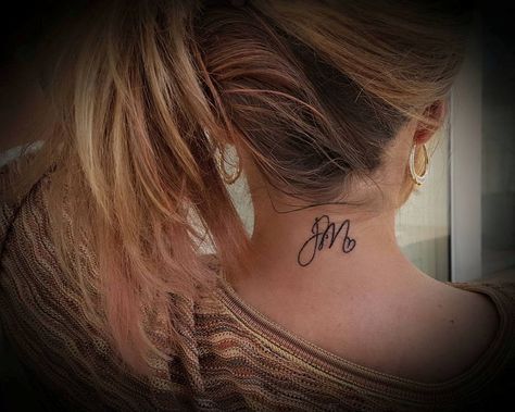 Kids initials for mom back tattoo script letters j m.  Back of neck tattoo J M Tattoo, Letter B Tattoo, Tattoo On Neck, Small Neck Tattoos, Flower Spine Tattoos, Back Of Arm Tattoo, Script Letters, Crystal Tattoo, Back Of Neck Tattoo