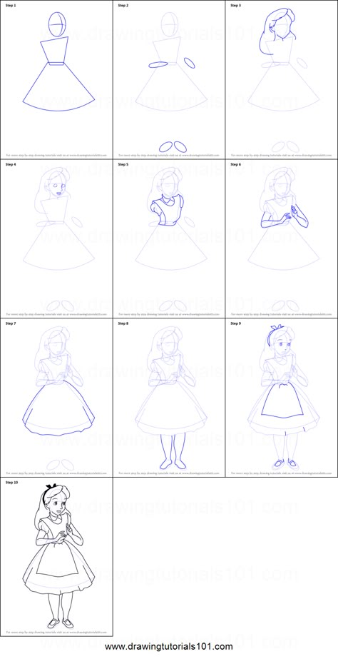 How to Draw Alice from Alice in Wonderland printable step by step drawing sheet : DrawingTutorials101.com How To Draw Disney, Alice From Alice In Wonderland, Alice In Wonderland Paintings, Disney Drawing Tutorial, Alice In Wonderland Drawings, Alice In Wonderland Illustrations, Skin Drawing, Wonderland Tattoo, Drawing Sheet